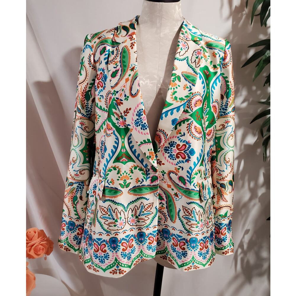 Rachel Zoe Floral Paisley Satin One Button Blazer Jacket Size M Kelly Green Boho